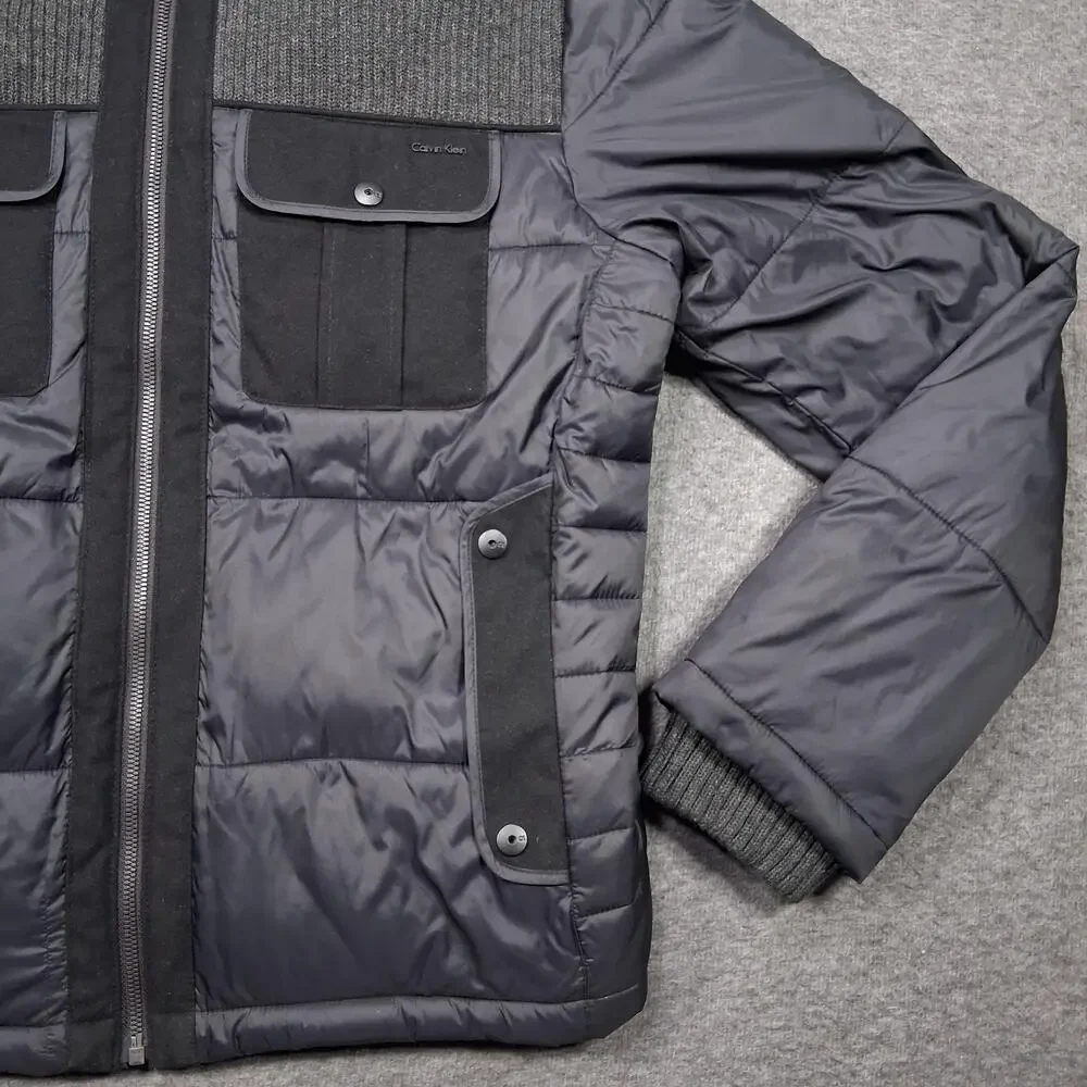 Calvin Klein Jacket Mens Medium Gray Hooded Puffer Quilted Winter Coat